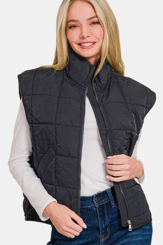 Zenana Zip Up Cropped Puffer Vest with Pockets - EMMY