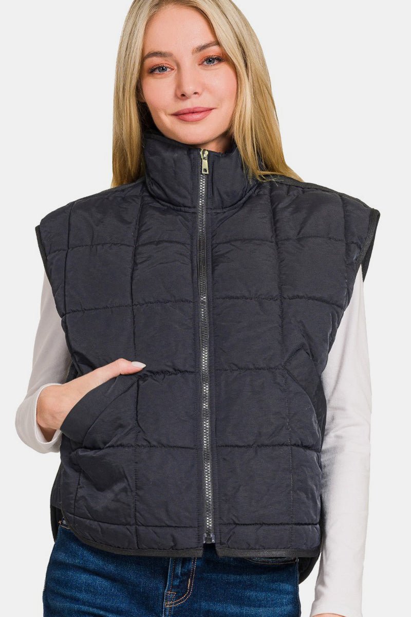 Zenana Zip Up Cropped Puffer Vest with Pockets - EMMY