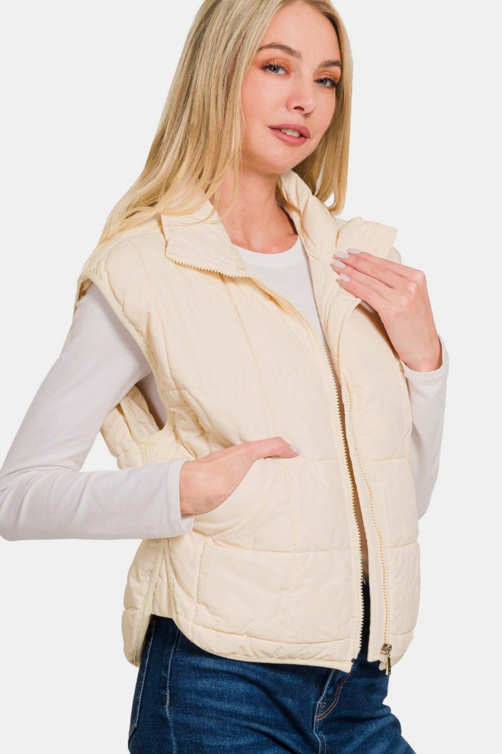 Zenana Zip Up Cropped Puffer Vest with Pockets - EMMY