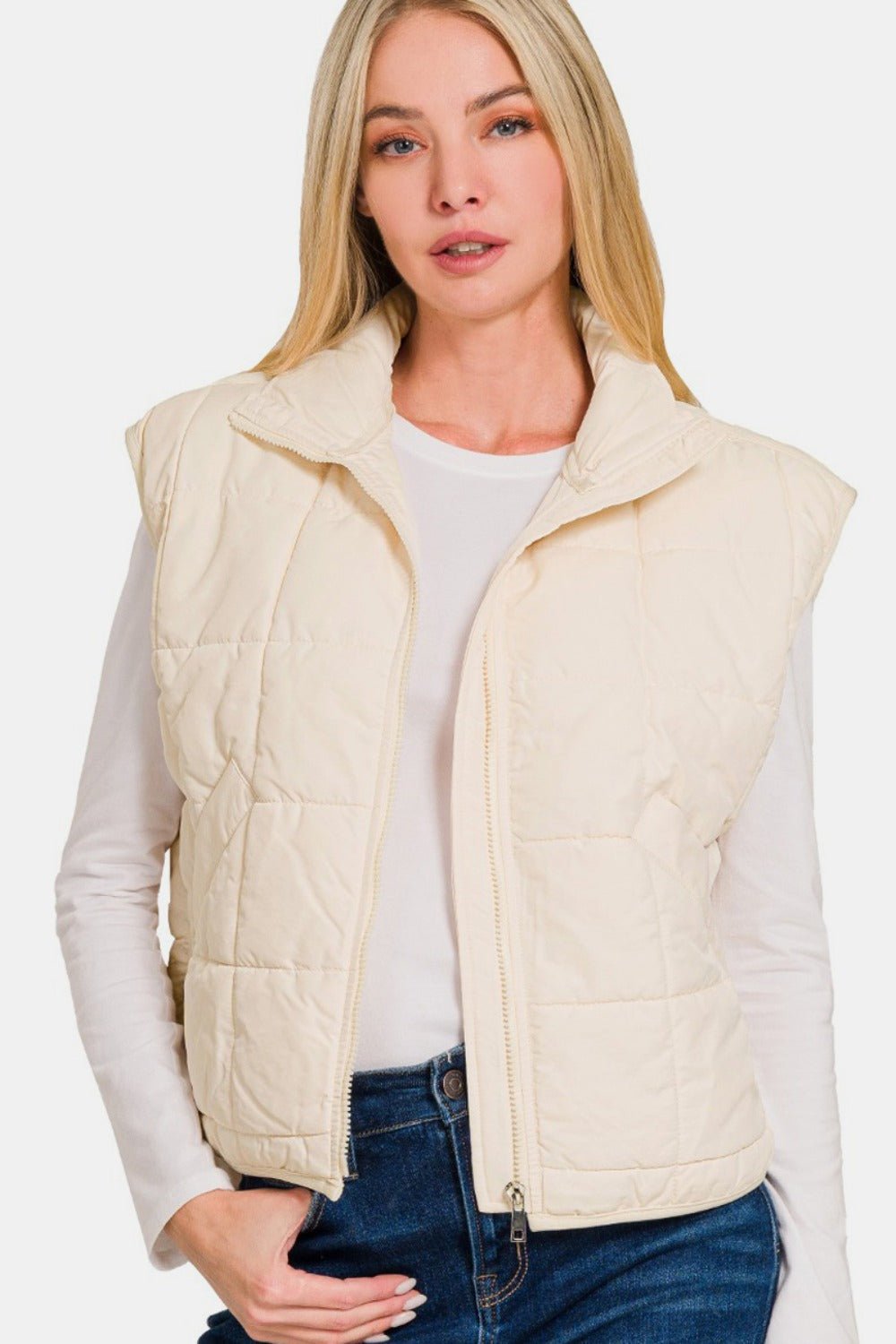 Zenana Zip Up Cropped Puffer Vest with Pockets - EMMY