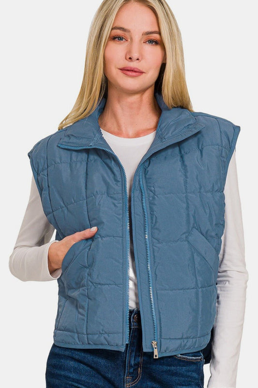 Zenana Zip Up Cropped Puffer Vest with Pockets - EMMY