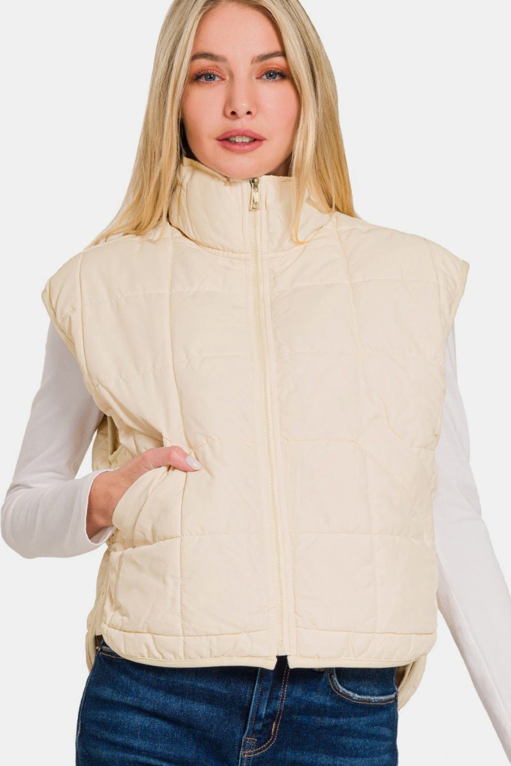 Zenana Zip Up Cropped Puffer Vest with Pockets - EMMY