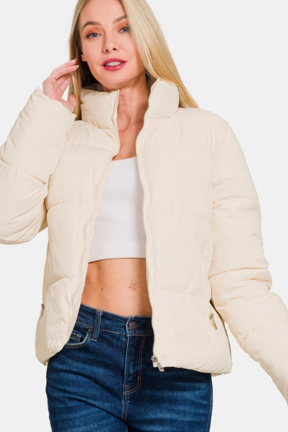 Zenana Zip Up Turtleneck Puffer Jacket with Pockets - EMMY