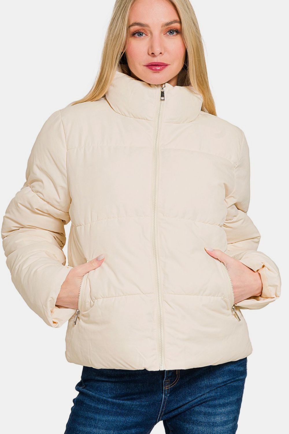 Zenana Zip Up Turtleneck Puffer Jacket with Pockets - EMMY