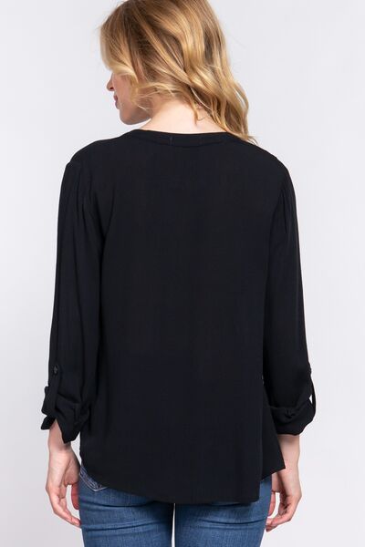 ACTIVE BASIC Full Size Notched Long Sleeve Woven Top - EMMY