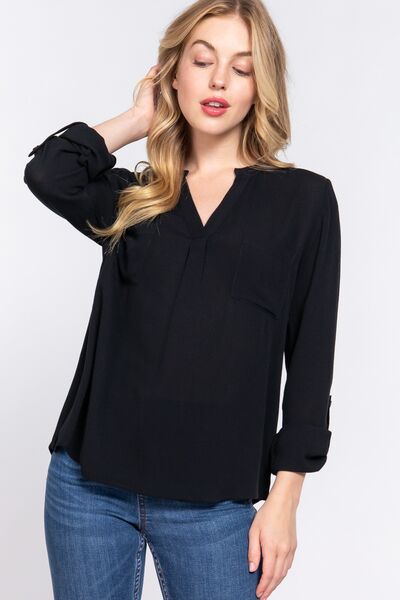 ACTIVE BASIC Full Size Notched Long Sleeve Woven Top - EMMY