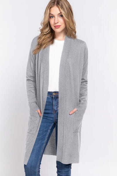 ACTIVE BASIC Open Front Rib Trim Long Sleeve Knit Cardigan - EMMY