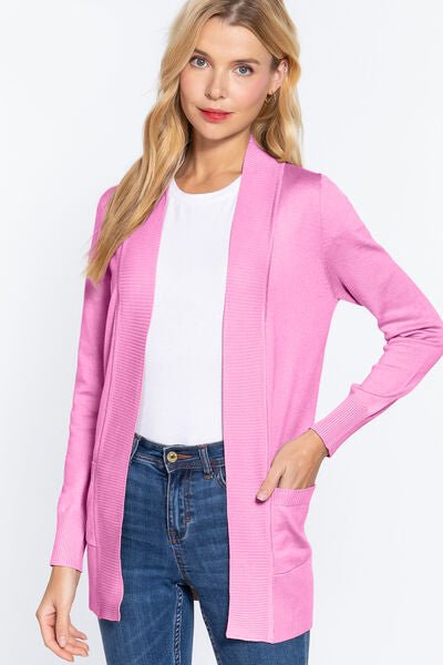 ACTIVE BASIC Ribbed Trim Open Front Cardigan - EMMY