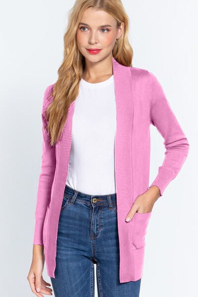 ACTIVE BASIC Ribbed Trim Open Front Cardigan - EMMY