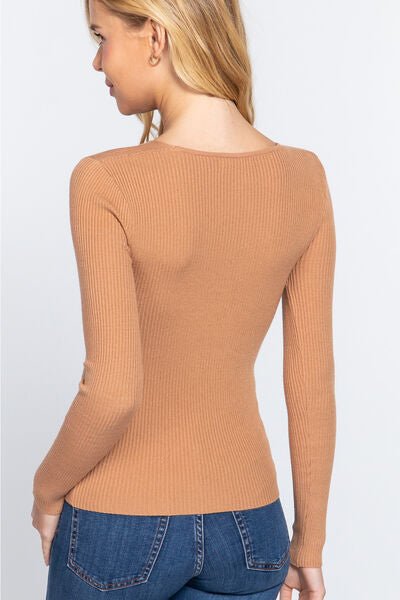 ACTIVE BASIC V-Neck Fitted Viscose Rib Knit Top - EMMY