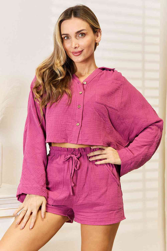 Basic Bae Buttoned Long Sleeve Top and Shorts Set - EMMY