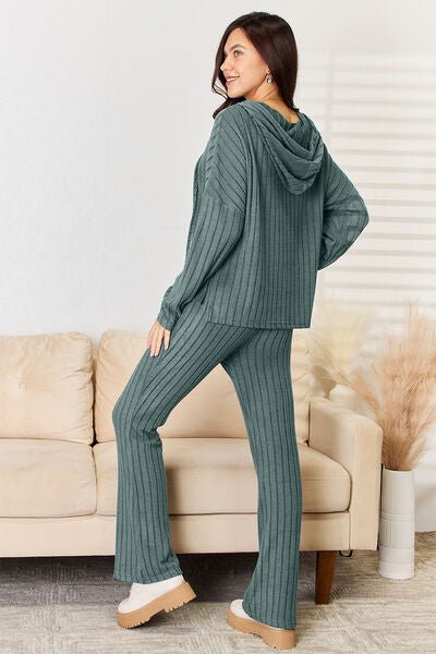Basic Bae Full Size Ribbed Drawstring Hood Top and Straight Pants Set - EMMY