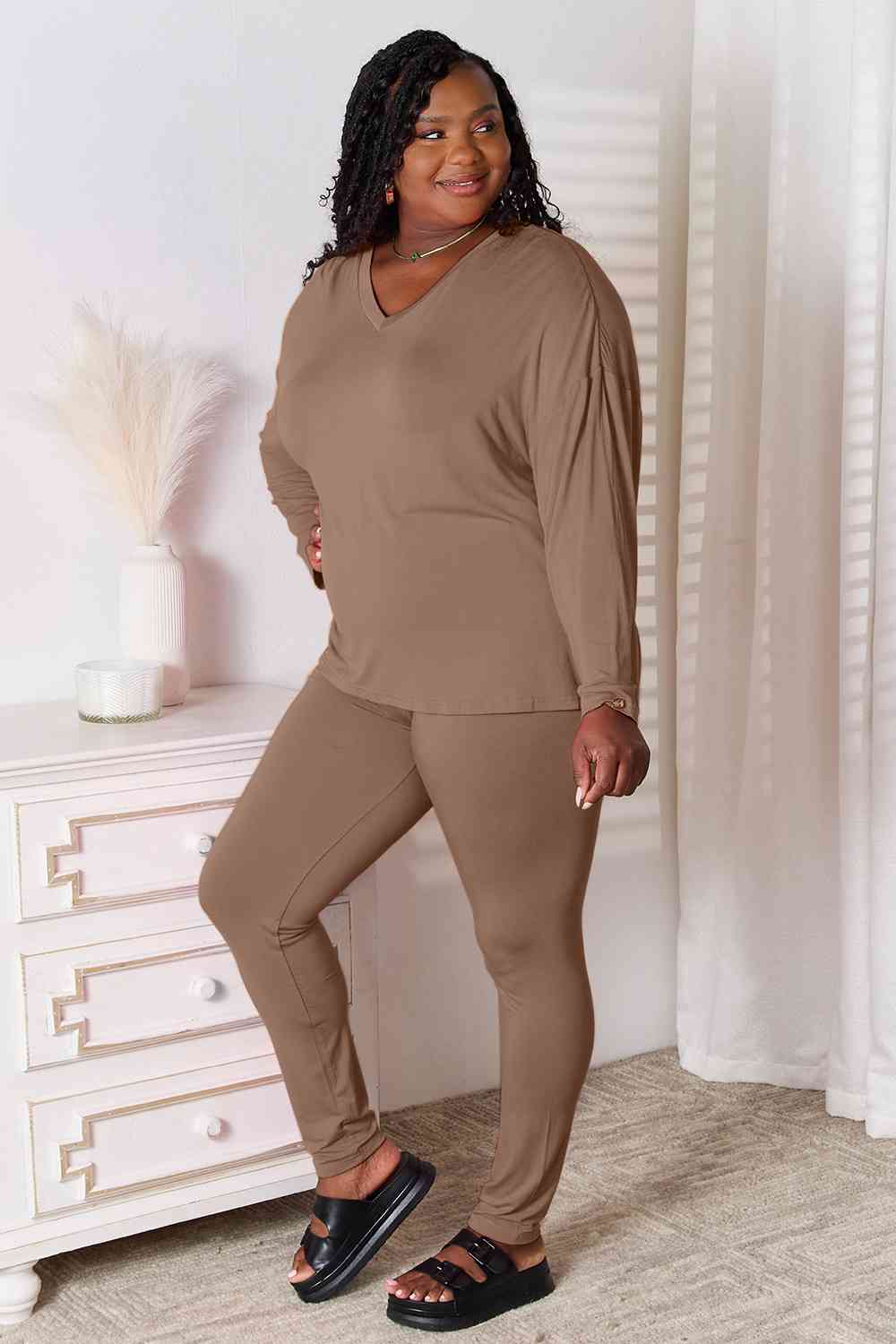 Basic Bae Full Size V-Neck Soft Rayon Long Sleeve Top and Pants Lounge Set - EMMY