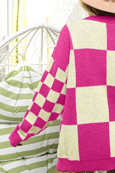 BiBi Button Up Checkered Contrast Cardigan - EMMY