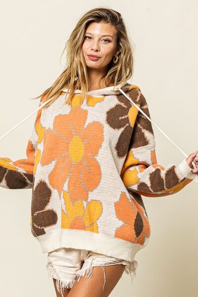 BiBi Flower Pattern Drawstring Hooded Sweater - EMMY