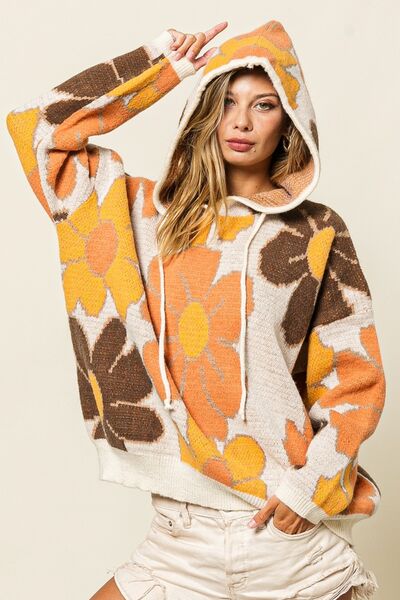BiBi Flower Pattern Drawstring Hooded Sweater - EMMY
