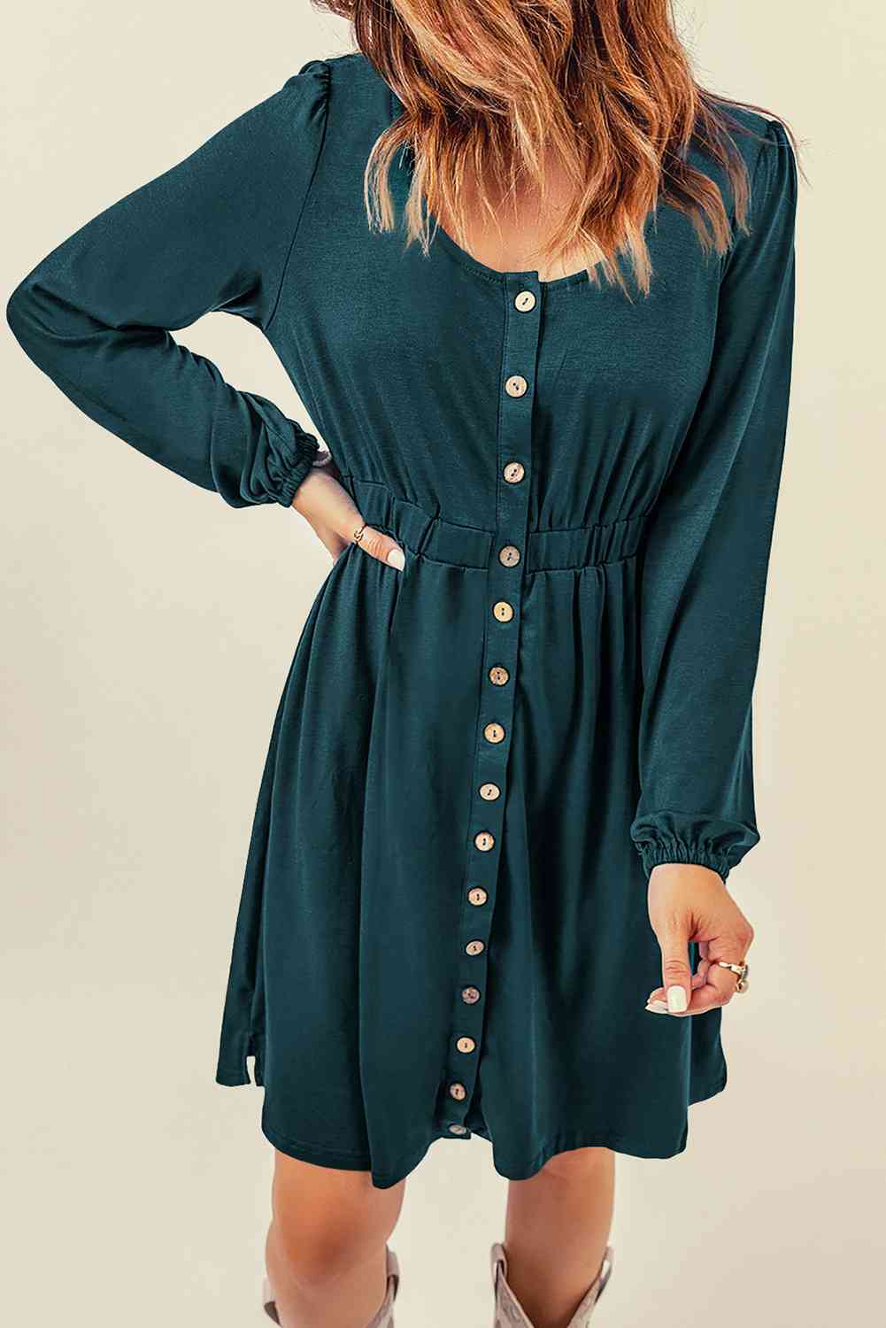 Button Down Long Sleeve Dress with Pockets - EMMY