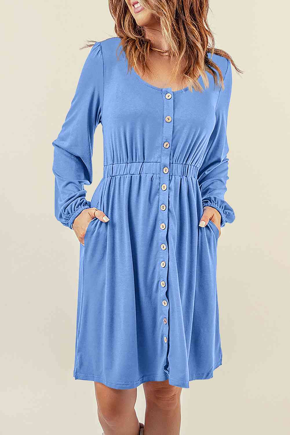 Button Down Long Sleeve Dress with Pockets - EMMY