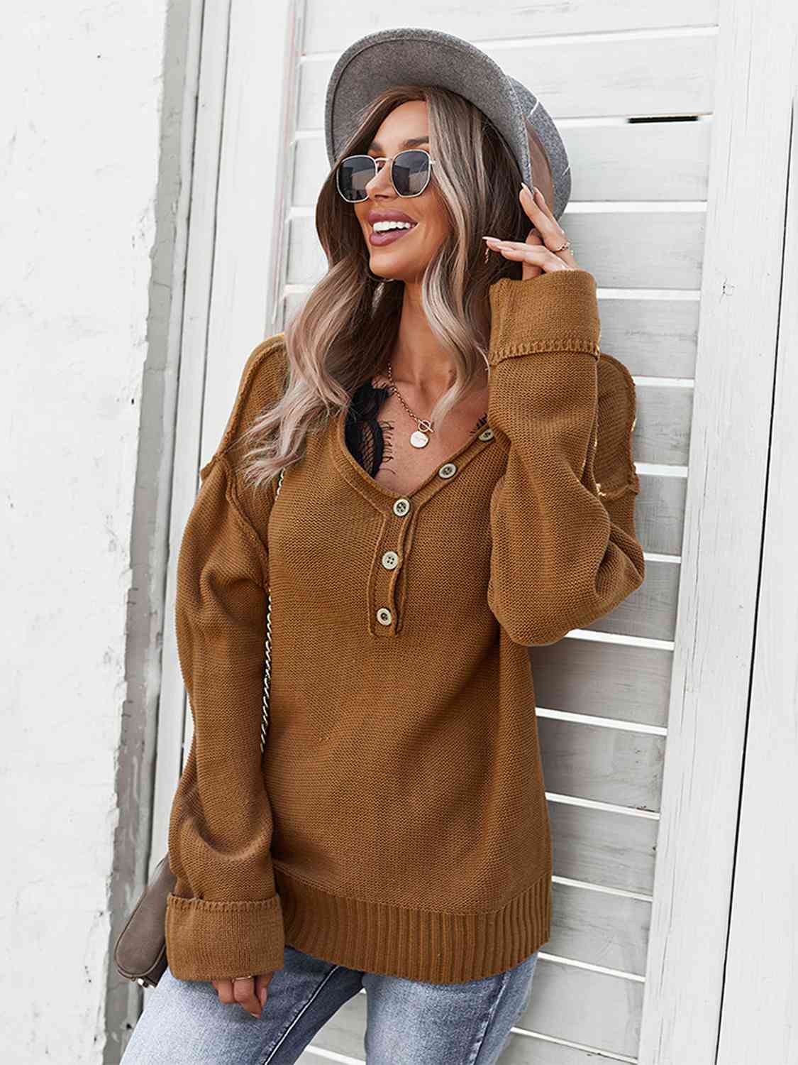 Buttoned Exposed Seam Knit Top - EMMY