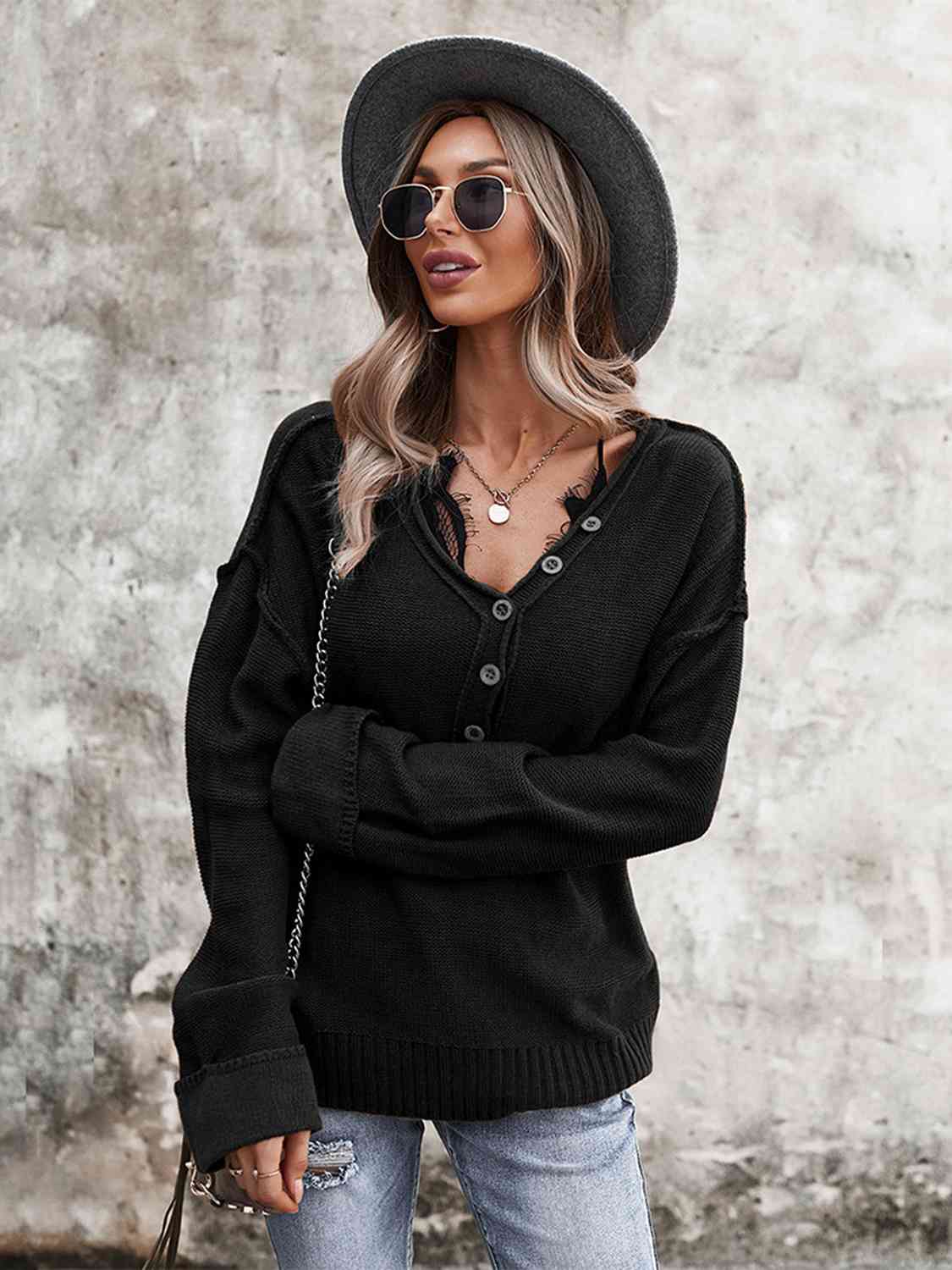 Buttoned Exposed Seam Knit Top - EMMY