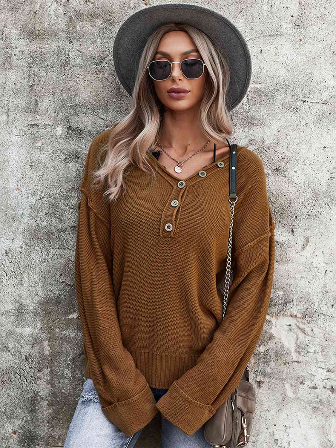 Buttoned Exposed Seam Knit Top - EMMY