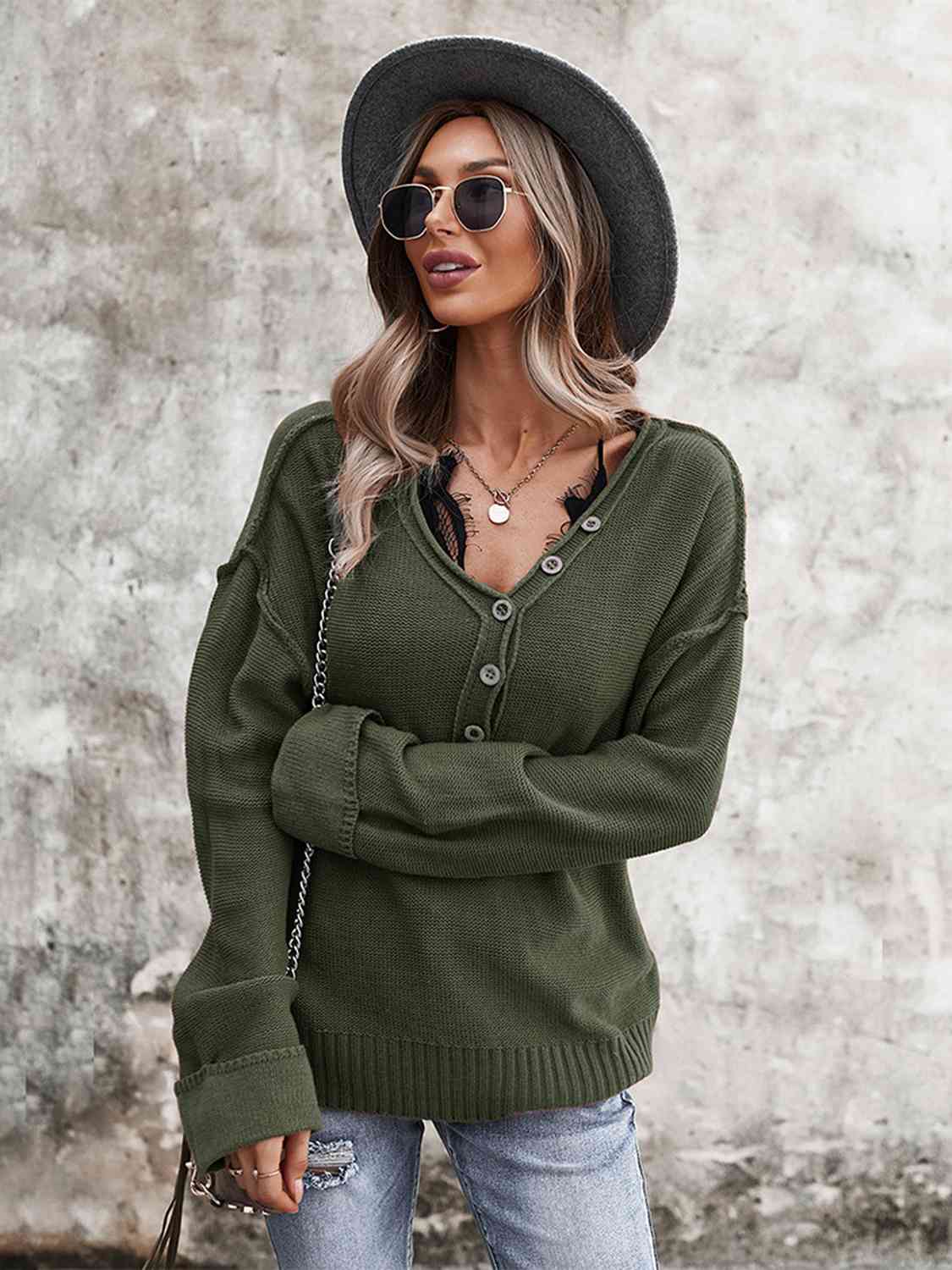 Buttoned Exposed Seam Knit Top - EMMY