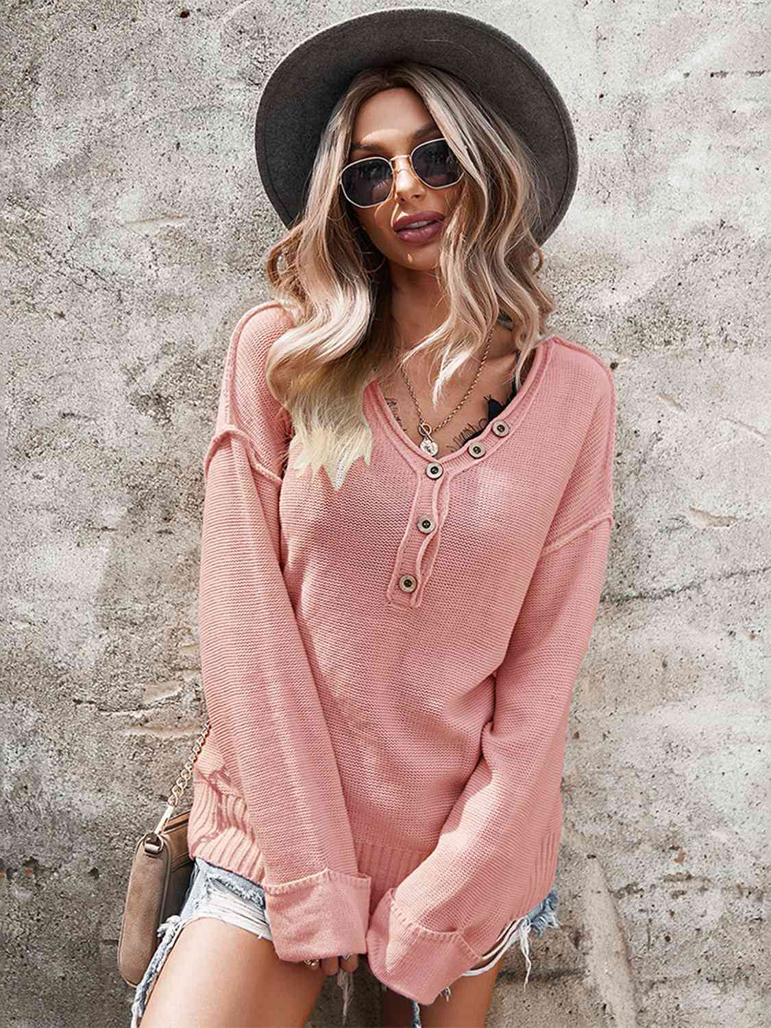 Buttoned Exposed Seam Knit Top - EMMY