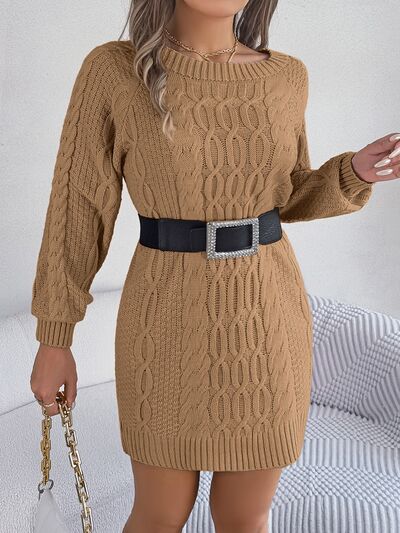 Cable-Knit Round Neck Sweater Dress - EMMY