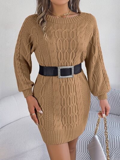 Cable-Knit Round Neck Sweater Dress - EMMY