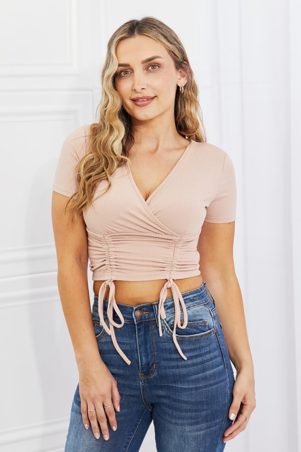 Capella Back To Simple Full Size Ribbed Front Scrunched Top in Blush - EMMY
