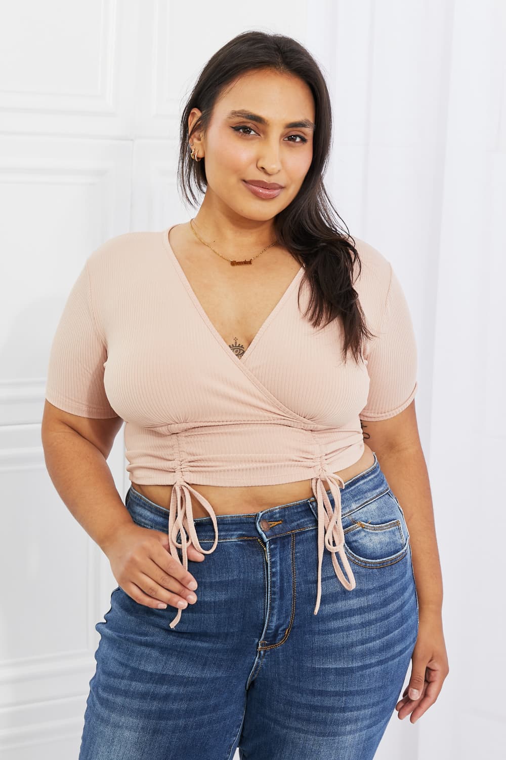 Capella Back To Simple Full Size Ribbed Front Scrunched Top in Blush - EMMY