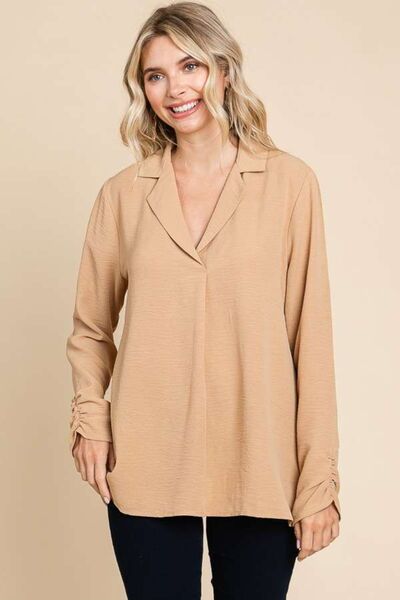 Culture Code Full Size Lapel Collar Ruched Long Sleeve Blouse - EMMY