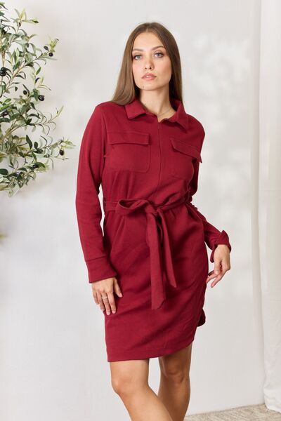 Culture Code Full Size Tie Front Half Zip Long Sleeve Shirt Dress - EMMY