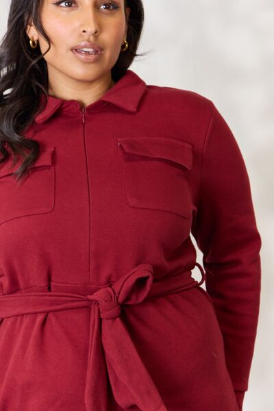 Culture Code Full Size Tie Front Half Zip Long Sleeve Shirt Dress - EMMY