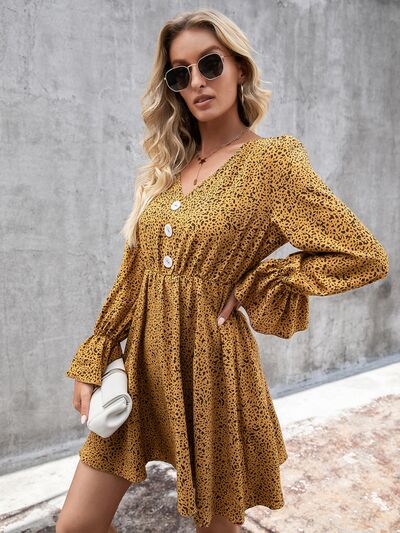 Decorative Button V-Neck Flounce Sleeve Dress - EMMY