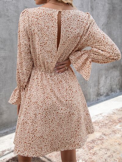 Decorative Button V-Neck Flounce Sleeve Dress - EMMY