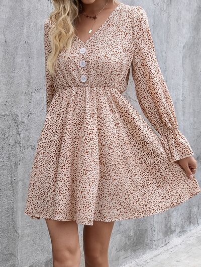 Decorative Button V-Neck Flounce Sleeve Dress - EMMY