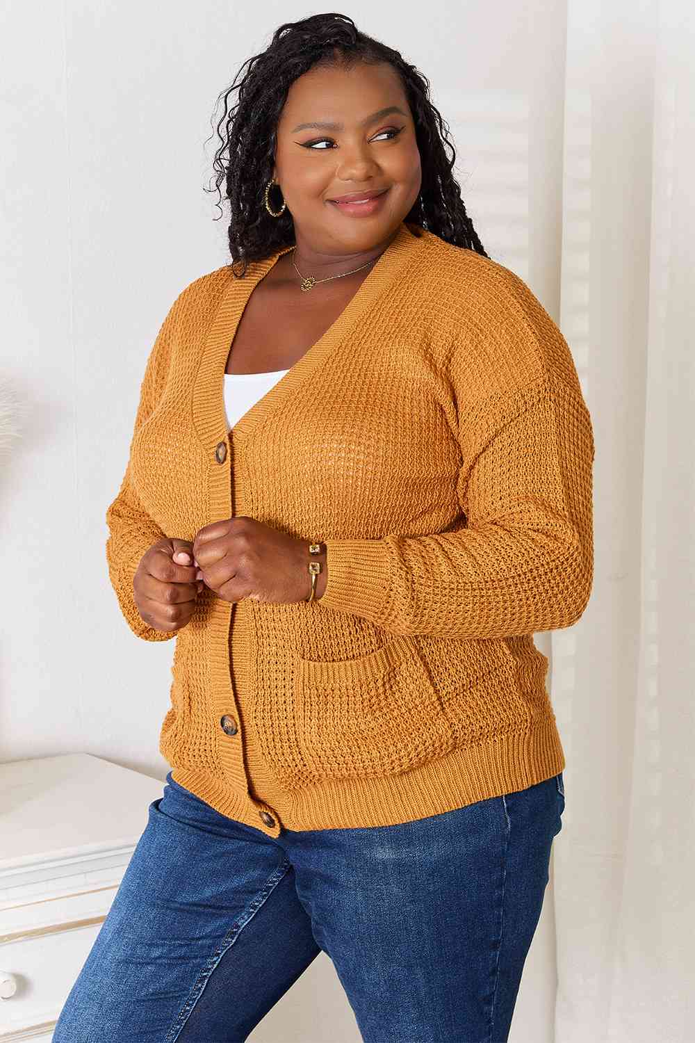 Double Take Drop Shoulder Button Down Cardigan with Pockets - EMMY