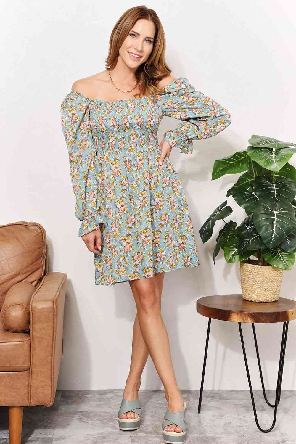 Double Take Floral Smocked Flounce Sleeve Square Neck Dress - EMMY