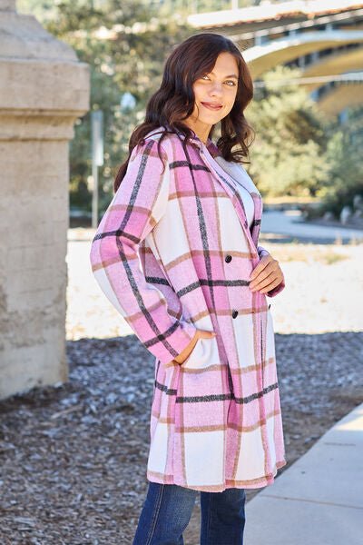 Double Take Full Size Plaid Button Up Lapel Collar Coat - EMMY