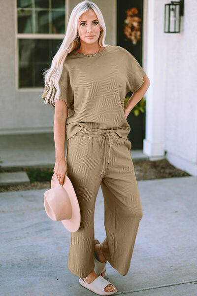Double Take Full Size Texture Short Sleeve Top and Pants Set - EMMY