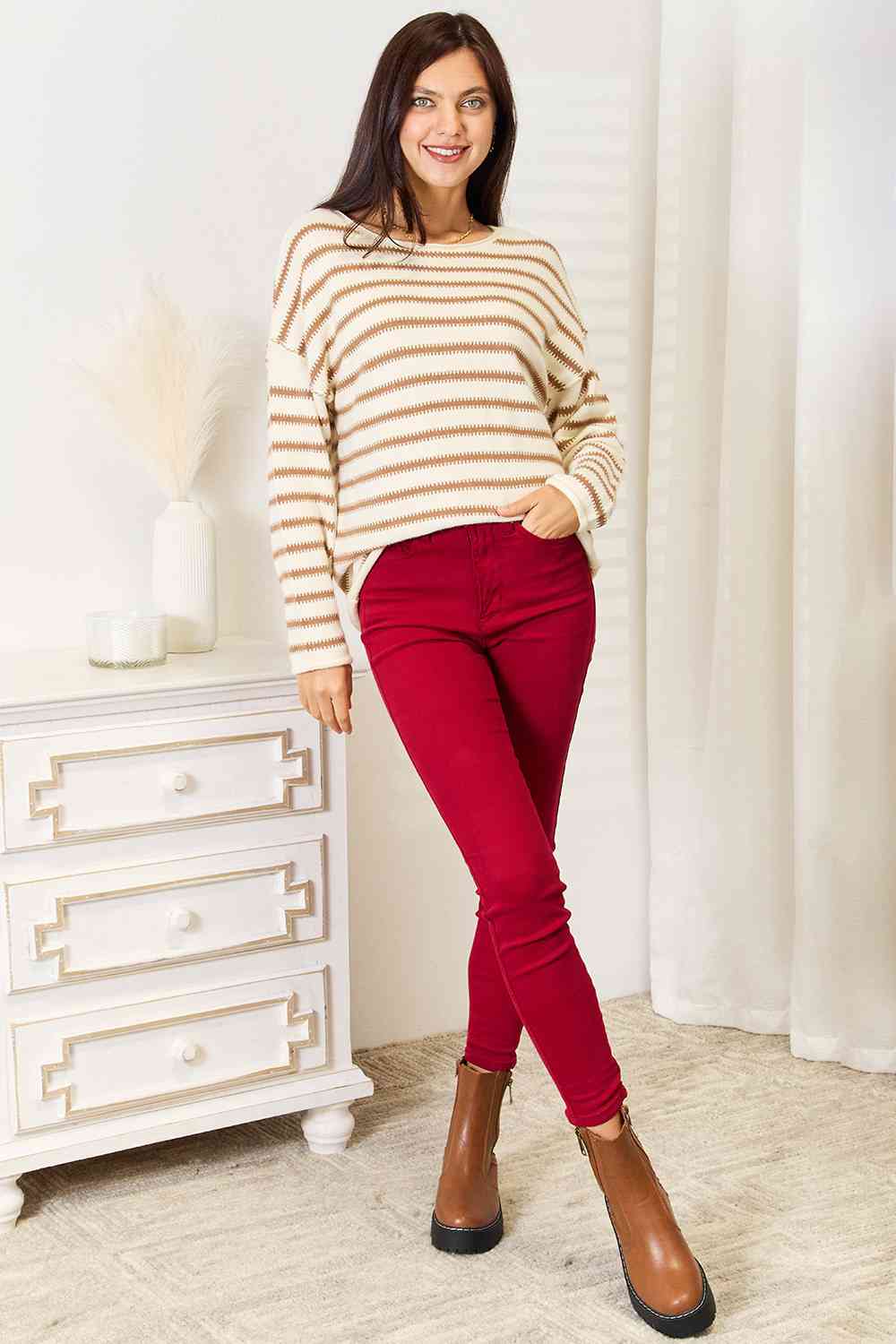 Double Take Striped Boat Neck Sweater - EMMY