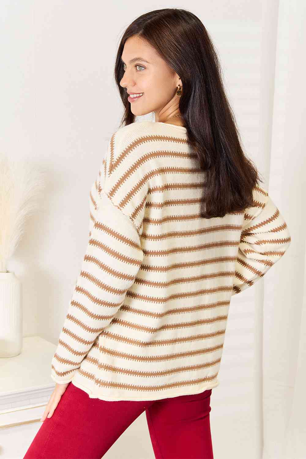 Double Take Striped Boat Neck Sweater - EMMY