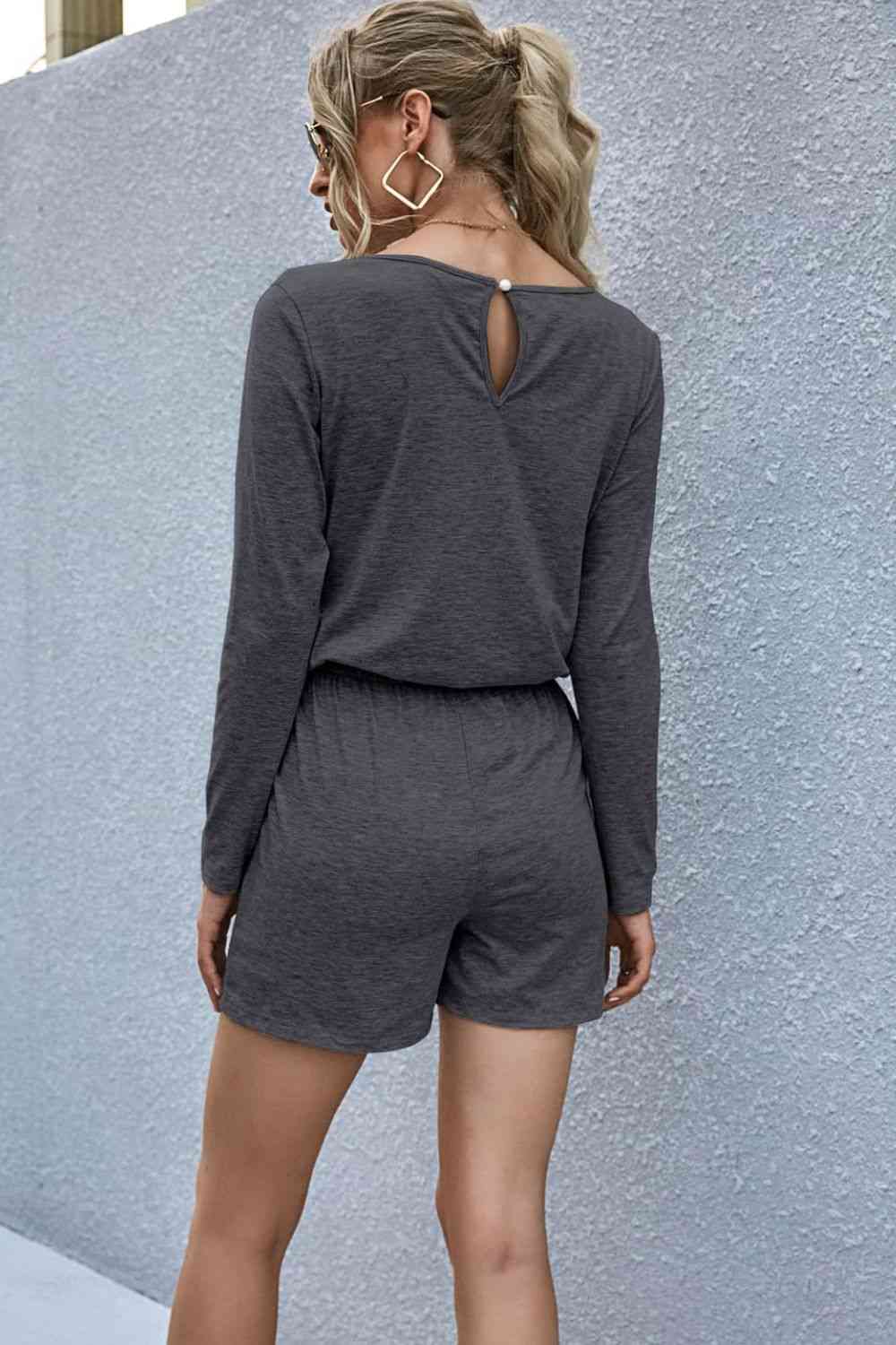 Drawstring Waist Long Sleeve Romper - EMMY