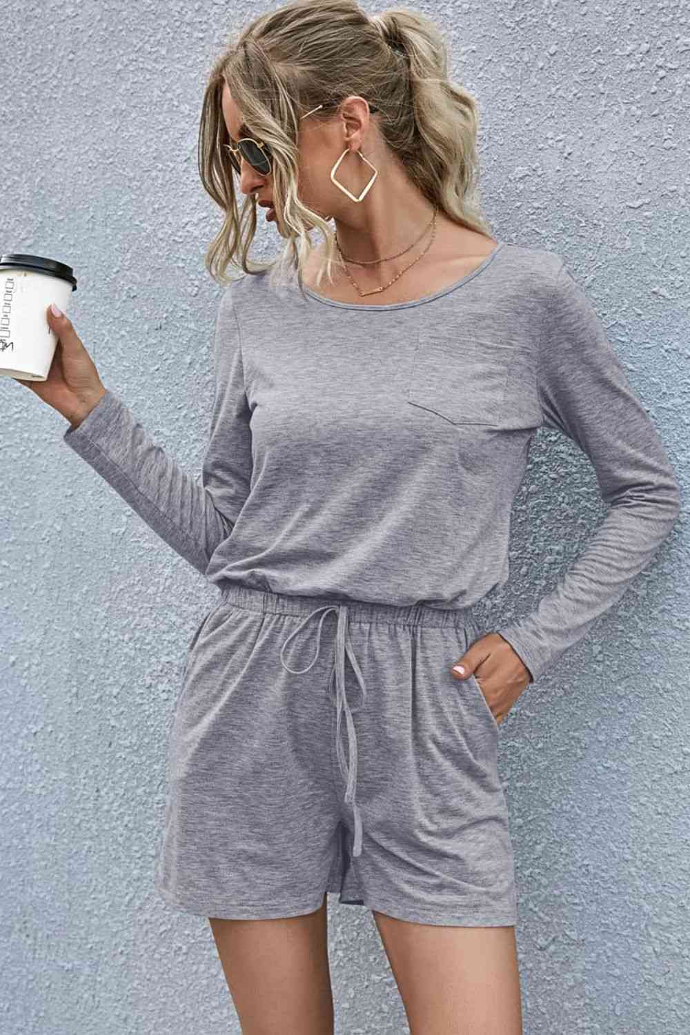 Drawstring Waist Long Sleeve Romper - EMMY