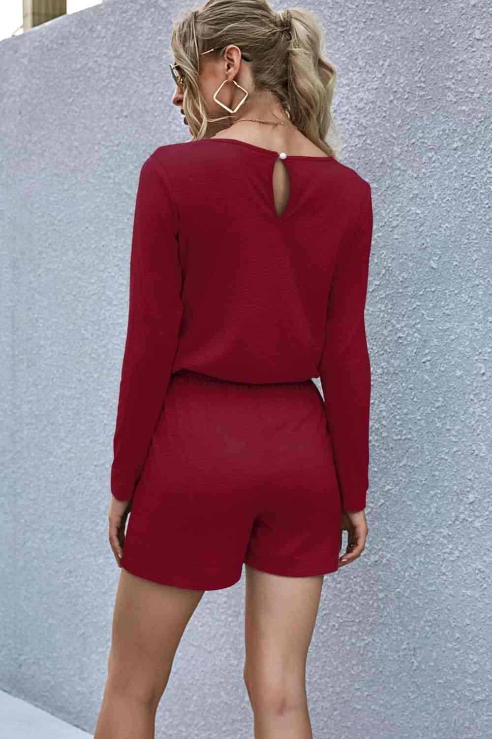 Drawstring Waist Long Sleeve Romper - EMMY