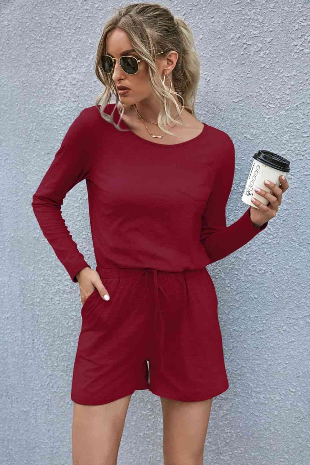 Drawstring Waist Long Sleeve Romper - EMMY