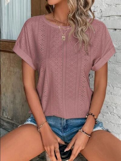 Eyelet Round Neck Short Sleeve T-Shirt - EMMY