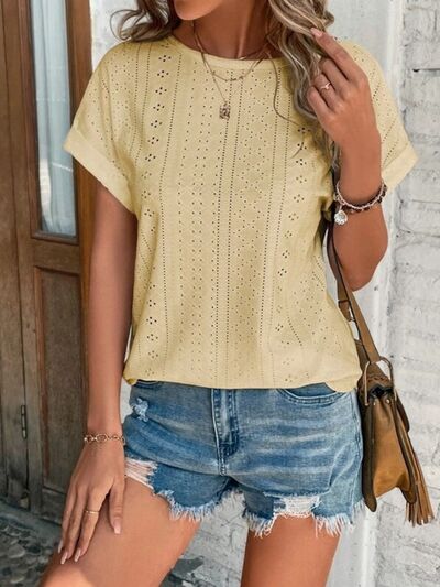 Eyelet Round Neck Short Sleeve T-Shirt - EMMY