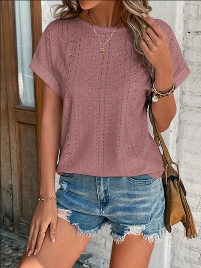 Eyelet Round Neck Short Sleeve T-Shirt - EMMY